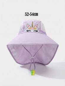 1pc Toddler & Kids' Navy Blue Shark Cartoon Bucket Hat With Neck Strap, Adjustable Drawstring, Outdoor Sports Cap, Random Whistle Color, Spring/Summer - Purple Unicorn - View 7