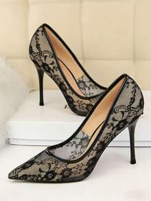 女士网眼镂空撞色蕾丝尖头细高跟鞋，黑色时尚优雅高跟礼服鞋，女士高跟鞋，优雅细跟鞋，正式场合鞋履，日常搭配，时尚完美鞋履 - 黑色 - 查看 2