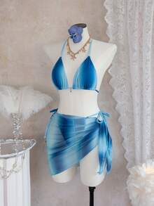 女士性感蝴蝶印花露背比基尼三件套，系带设计，含纱笼裙，海滩度假波西米亚风夏季套装 - 彩色 - 查看 4