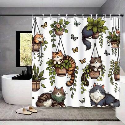 1/4 Pcs Cat & Plant Pattern Bathroom Set With Hooks, Waterproof Shower Curtain, Toilet Seat Cover, Non-Slip Bath Mat, U-Shaped Bathroom Mat, Bathroom Decor Accessories