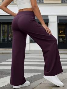 NcmRyu 1pc Women High Waist Elastic Loose Flared Leg Casual Pants - Purple - View 11