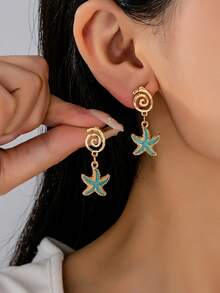 1 par de pendientes colgantes con forma de gota geométrica y estrella de mar de metal para mujeres - Amarillo dorado + azul - Ver 2