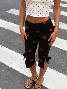 Women Dot Print Capri Pants With Bows Mid Rise Side Split Long Shorts Tights Casual Work Leggings For Outdoor Office - Đỏ - Xem 2