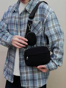 2个复古硬币图案男士斜挎包，可调节肩带，几何印花PU皮革休闲斜挎包，带拉链口袋，适合徒步旅行、户外活动、度假，送给丈夫或男友的礼物 - 黑色 - 查看 4