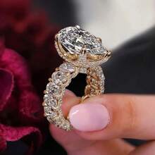 18K Gold Plated Exaggerated Pear-Shaped Cubic Zirconia Stone Cocktail Ring, Elegant For Women's Party And Engagement - Gold - View 12