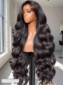 10-36英寸 180%密度 13x4 真人混纺发蕾丝前假发 自然黑色蕾丝前假发 真人混纺发预拔毛水波纹无胶假发 - 自然色&黑色系 - 查看 2