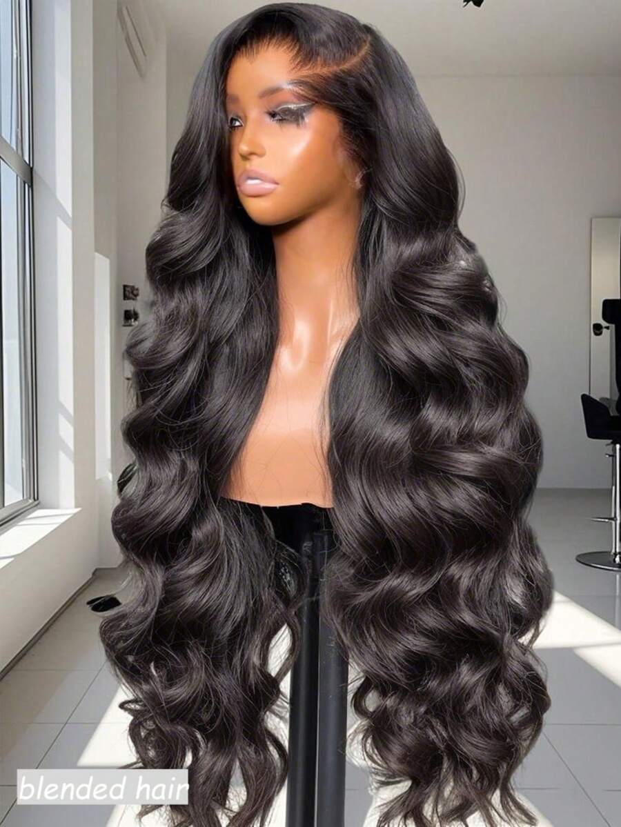 34英寸（10-36英寸）180%密度13x4蕾丝前假发，混纺真人发，自然黑色蕾丝前假发，混纺真人发，预先拔毛的波浪卷发，无需胶水假发，混纺真人发 - 自然色&黑色系 - 查看 1