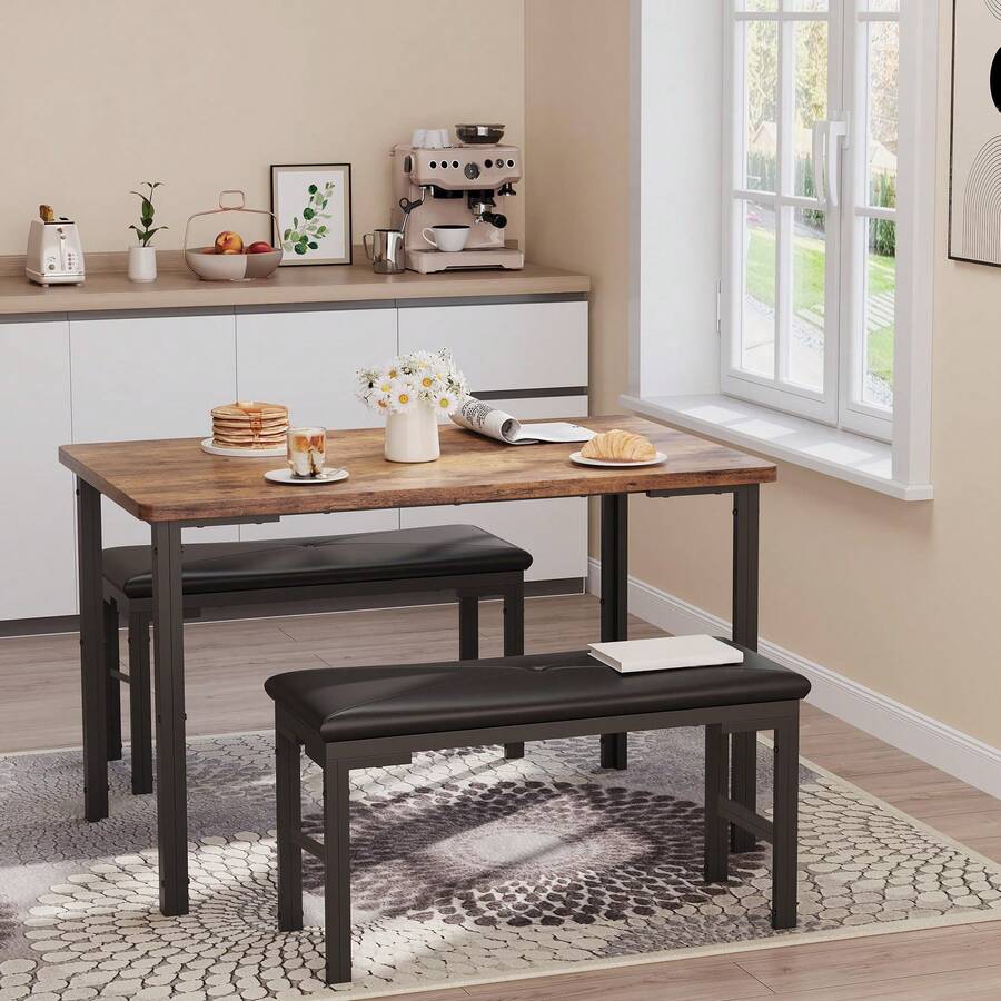 Juego de Mesa de Comedor para 4, Mesa de Cocina de 3 Piezas con 2 Bancos tapizados, Juego de Comedor Que Ahorra Espacio para rincón de Desayuno y Espacios pequeños, Color Gris - Color retro - Ver 1