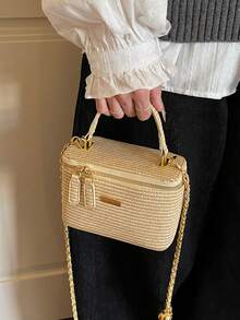 1-Piece New Style Simple Casual Versatile Woven Straw Bag Lunch Box Small Bag Chain Shoulder Messenger Bag Holiday Season Hot Small Bag Shoulder Messenger Bag,Vacay Vibes,Beachweekend,Utilitarian Chic - Khaki - View 7