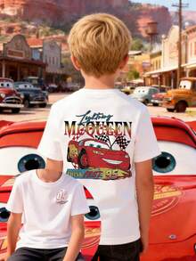 Disney Boys' T-Shirt Featuring A Creative Cartoon Print Of Lightning McQueen From Cars. Made From Soft, Comfortable, And Breathable Fabric, It's Perfect For Everyday Wear, Outings, And Activities-Making It An Ideal Gift For Kids. - 白色 - 查看 1