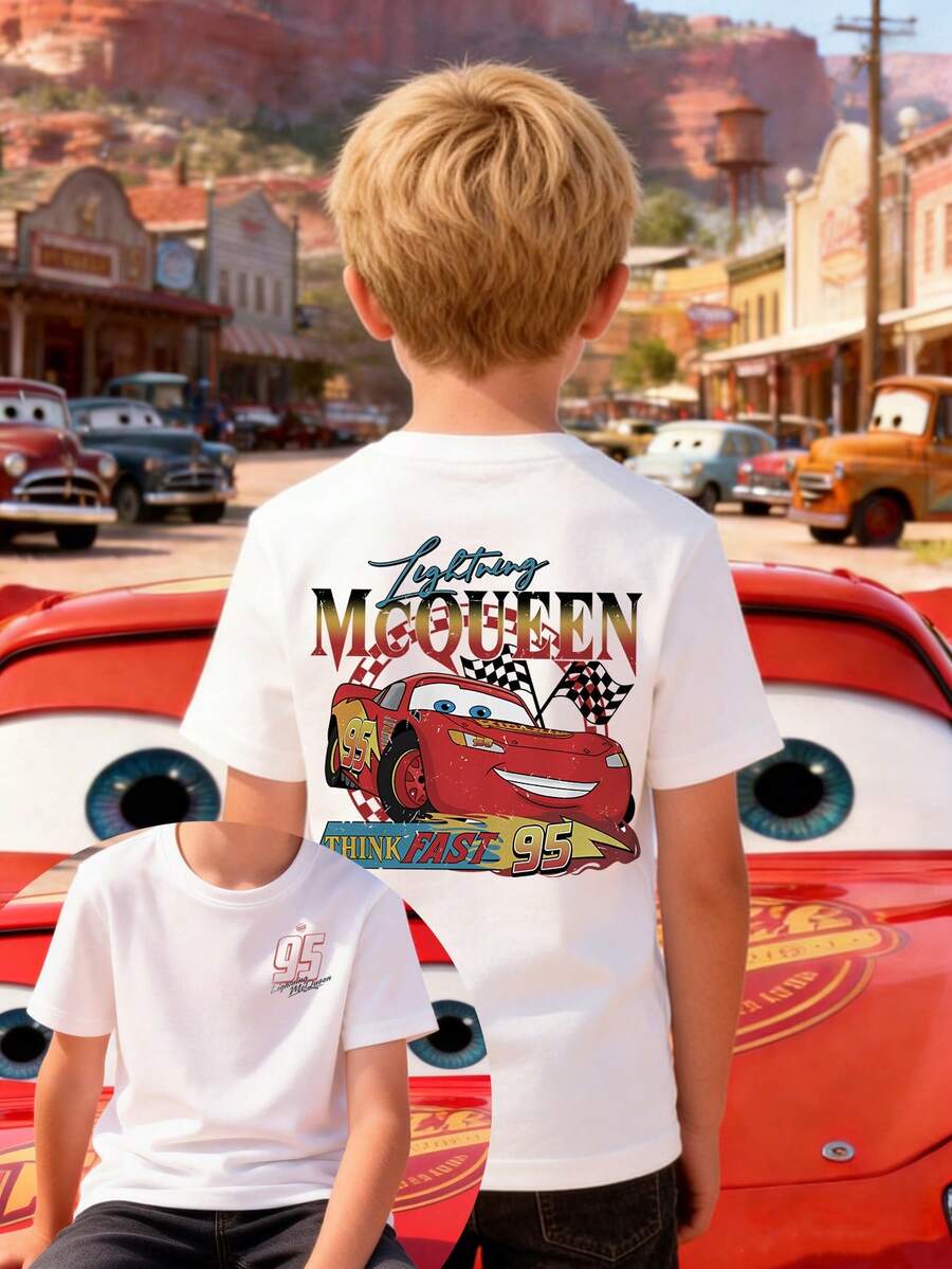 Disney Boys' T-Shirt Featuring A Creative Cartoon Print Of Lightning McQueen From Cars. Made From Soft, Comfortable, And Breathable Fabric, It's Perfect For Everyday Wear, Outings, And Activities-Making It An Ideal Gift For Kids. - 白色 - 查看 1