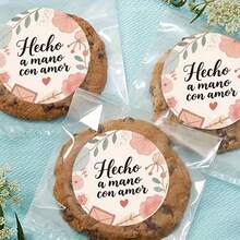 6/30 张彩色感谢贴纸，适用于小型企业，提供英语和西班牙语版本 - 信封花朵手工情书手工爱心蛋糕甜点烘焙优雅粉色和白色圆形贴纸，带有“手工心形和星星”图案 - 彩色 - 查看 8