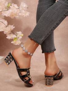 Giày sandal cao gót đế bệt bằng da PU màu trơn thời trang dành cho nữ, đính đinh tán, thích hợp cho tiệc tùng, kỳ nghỉ và mùa hè. - màu đen - Xem 7