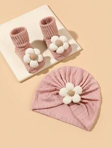 2件装 1-6个月婴儿花朵发带帽和袜子套装，可爱提花花朵帽子套装，春秋季 - 彩色 - 查看 6