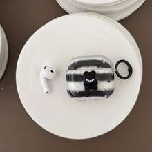 Niche High-End Black Striped 3D Bear With Hanging Ring Earphone Case Compatible With Airpods Pro 2, Cute Apple 4 Minimalist 3 New 1/2 Generation Earphone Case For Women - Black - View 2