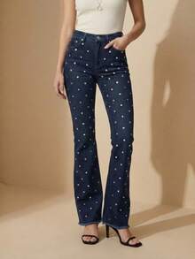 pthirillo Women's Dark Blue Flare Jeans With Butt-Lifting, High Waist, And Rhinestone Detail - Premium Rhinestone Jeans - 鏡子標誌 - 查看 9