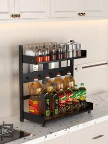 1pc Multipurpose Kitchen Countertop Spice Rack, Knife Holder, Kitchen Organizer Shelf, Suitable For Home, Kitchen And Dining Room Kitchen Items Kitchen Accessories Kitchen Tools - Black - View 3