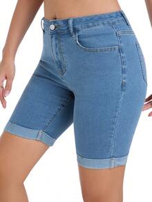 5-Inch Women Denim Shorts, Summer Embroidered Bow Mid-Waist Stretchy Skinny Denim Shorts, Suitable For Club, Vacation, Beach, Concert, Festival And Other Occasions, Also Suitable For Country Music Concerts And Carnivals - Baby Blue - View 1