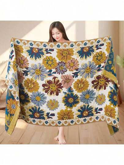 1件装向日葵图案大浴巾，乡村风格多功能长方形柔软特大号成人浴巾，吸水纱布沙发毯