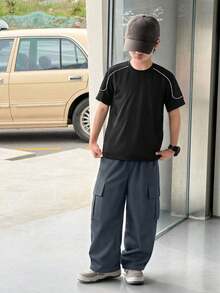 2pcs/Set Tween Boys Sophisticated Casual Round Neck T-Shirt And Straight Leg Cargo Pants Set, High Cost-Effective - Multicolor - View 1