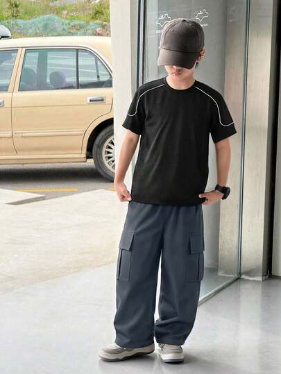 2pcs/Set Tween Boys Sophisticated Casual Round Neck T-Shirt And Straight Leg Cargo Pants Set, High Cost-Effective