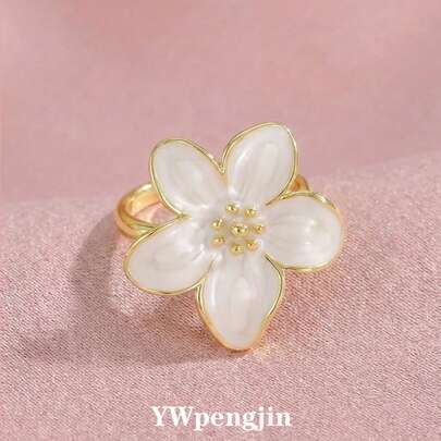 1 pieza Anillo de flor blanca de 5 pétalos elegante y dulce, adecuado para uso diario, todas las estaciones, gran artículo de regalo