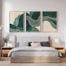 Green Abstract Waves Wall Art Set Of 3, Japandi Minimalist Wall Art, Medieval Green Abstract Decoration, Home Decor Living Room, Wall Decor, No Frame - Waves - View 4