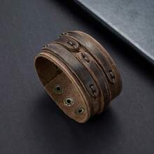 Set de 3 pulseras anchas de cuero genuino con detalles de trenzado, remaches y hebillas en estilo retro y punk para uso diario y festivales de música - Marrón - Ver 7