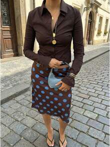 巧克力棕色蓝色波点中长裙 | 低腰A字裙，适合街头和日常穿着 - 棕色 - 查看 5