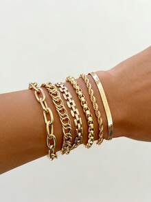 6pcs/Set Minimalist Punk Style Metal Chain Bracelet Set, Metal Chain Decorated With Rope, Snake, Twist Design Multi-Layer Bracelets, Suitable For Women As Gifts For Festivals, Dates, Daily Wear - Yellow Gold - View 1