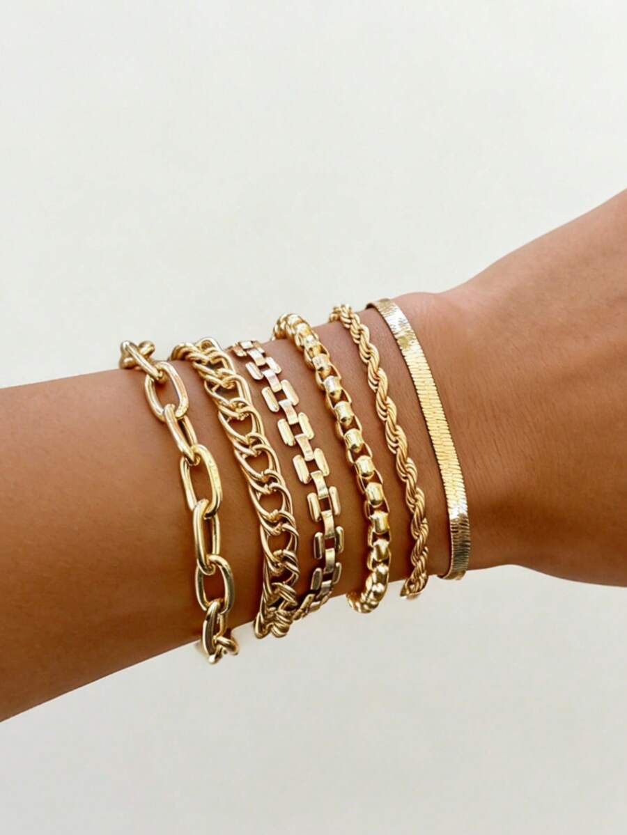 6pcs/Set Minimalist Punk Style Metal Chain Bracelet Set, Metal Chain Decorated With Rope, Snake, Twist Design Multi-Layer Bracelets, Suitable For Women As Gifts For Festivals, Dates, Daily Wear - Yellow Gold - View 1