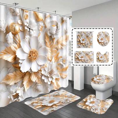 1件/4件套浴室浴帘套装，浴帘套装，浴室装饰，浴室地毯，家居装饰，浴垫，大理石纹和花卉图案，礼品，主题装饰，浴室套装，包含12个挂钩