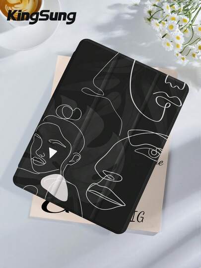 Kingsung 黑色线条少女图案平板电脑保护套，兼容9.7/10.2/10.5/10.9/12.9/Pro 11（第十代），兼容三星Galaxy Tab S6 Lite 10.4英寸，兼容Kindle Paperwhite（第十二代，2024款），Kindle（第十一代，2022款），Kobo Clara Color，柔软防摔，智能支架/自动唤醒/睡眠功能