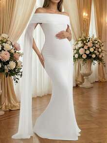 Pregnant Women's White Sheer Knit Elastic Mermaid Maxi Dress, Sleeveless Off-Shoulder, Elegant Maternity Photoshoot, Wedding, Party Gown - White - View 5