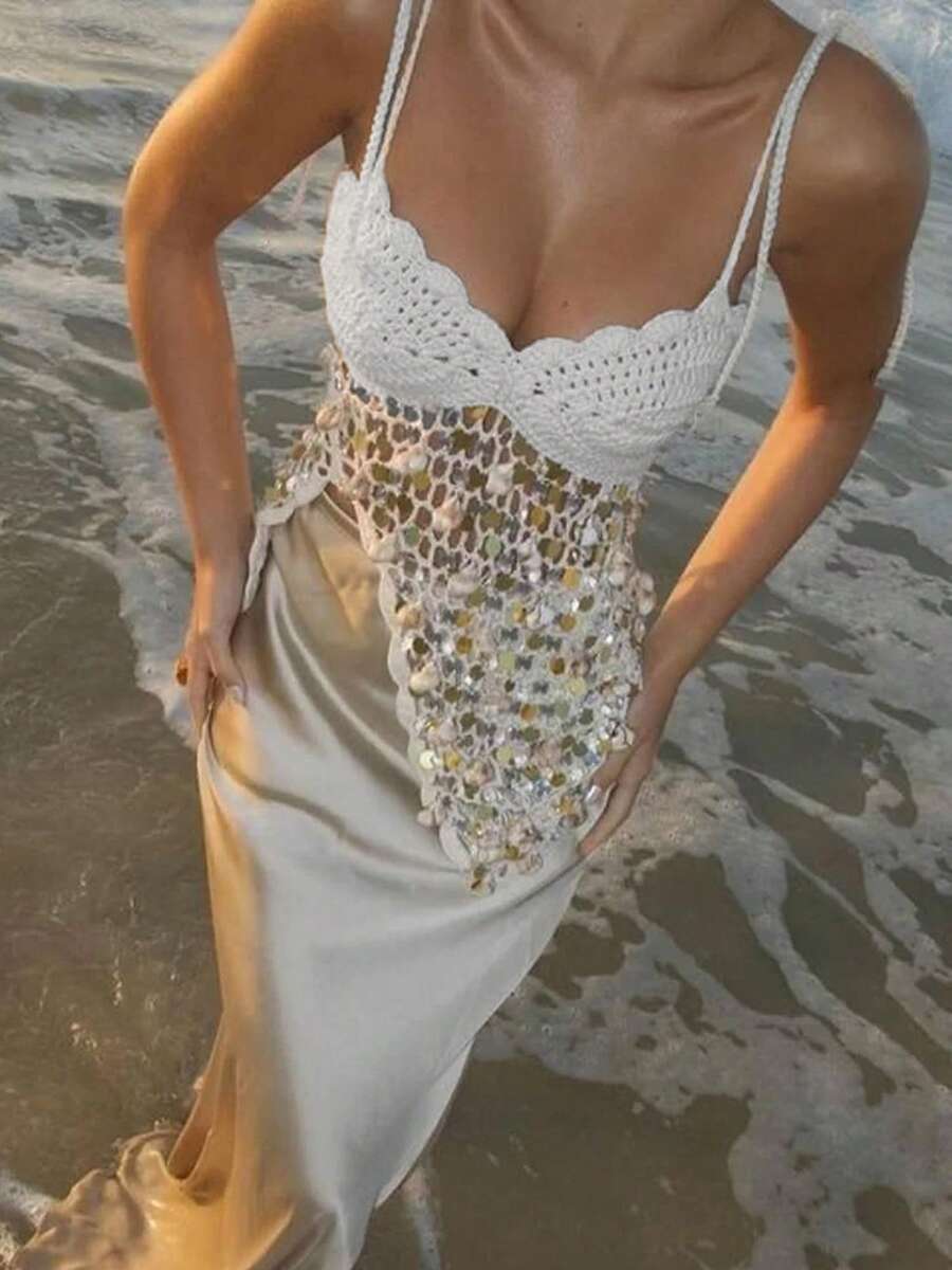 Women's Sequin Crochet Knit Tie Shoulder Crop Tops Slim Fit Split Front Backless Self Tie Halter Camisoles Top Summer Beachwear Cami Vest Tie-Up Spaghetti Strap V-Neck Split Hem Cutout Tank Tops Party Clubwear - 白色 - 查看 1