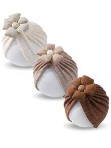 3顶婴儿小麦花图案弹力柔软舒适帽子，适合日常佩戴，0-2岁宝宝适用