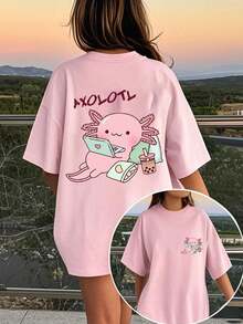 1pc Tween Girl Cartoon Print Short Sleeve Pullover T-Shirt, Comfortable & Fashionable Summer Top For Students & Young Ladies' - Pink - View 1