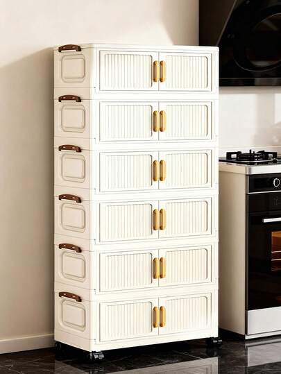 50cm/19.69 Inch Wide Folding Storage Cabinet, 1-6 Layers Selectable, Thickened Double Door With Wheels, Freestanding Storage Rack For Home, Organizer For Clothes, Toys, Plastic Folding Storage Cabinet, Wardrobe, Kitchen Storage Rack, Portable Closet, Collapsible Shoe Cabinet, Drawer Style Storage Cabinet