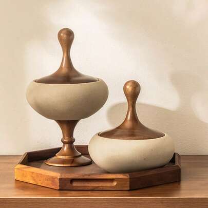 1pc Rustic Ceramic & Wooden Footed Fruit Bowl With Lid, Luxury Nuts Storage Jar, Desktop Snack Organizer Decorative Plate, High-End Candy/Chocolate Container Decor Piece