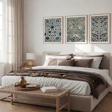 1/3幅复古纺织墙画，蓝色单色挂毯印花帆布画，复古花卉海报，中国风家居装饰，适用于客厅、卧室、餐厅装饰，送她的礼物，可选无框或有框。 - 植物 - 查看 3