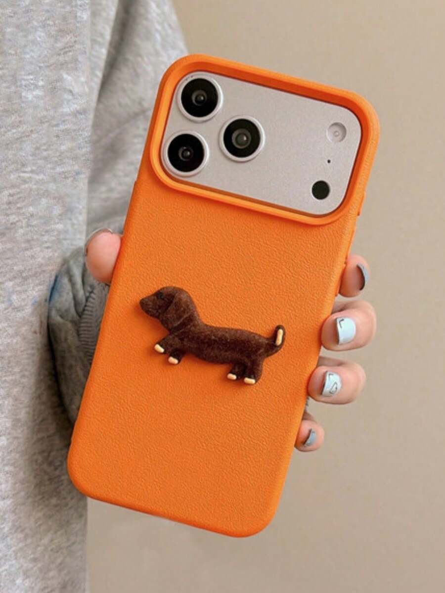 可爱3D棕色小狗和橙色荔枝纹理保护手机壳，兼容 17 Pro Max、17 Pro、16 Pro Max、15、14 Pro、13、12 Pro、17 Air、14 Plus、11、13，软边防震后盖