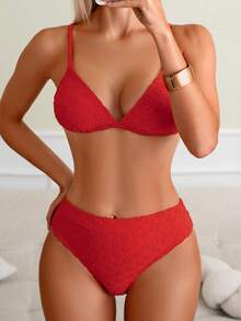 两件套印花可爱性感露背系带泳衣，红色，夏季海滩度假 - 紅色 - 查看 1