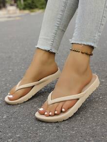 Unisex Flip Flops With Arch Support, Solid Color Beach Thong Sandals, Suitable For Beach, Home, Spring/Summer/Autumn - Khaki - View 4