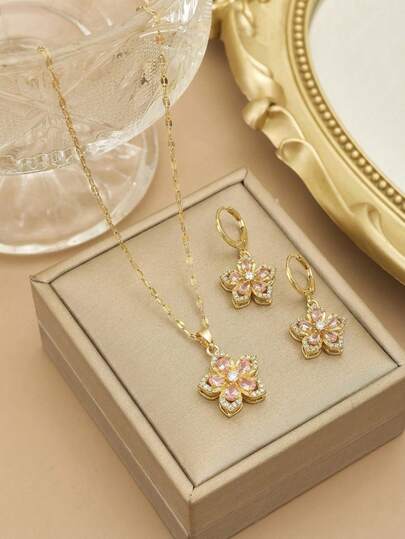 3pcs/Set Beautiful Delicate Sweet Cubic Zirconia Decor Pink Rotatable Five-Petal Flower Necklace & Drop Earrings Suitable For Daily Wear Jewelry Accessory Gift