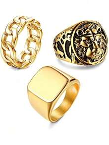 Milacolato 3Pcs 14K Gold Plated Rings For Men Women Chunky Cuban Link Ring, Size 7-15 - 彩色 - 查看 1