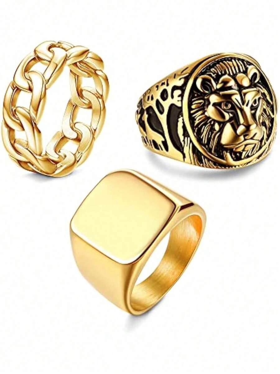 Milacolato 3Pcs 14K Gold Plated Rings For Men Women Chunky Cuban Link Ring, Size 7-15 - 彩色 - 查看 1