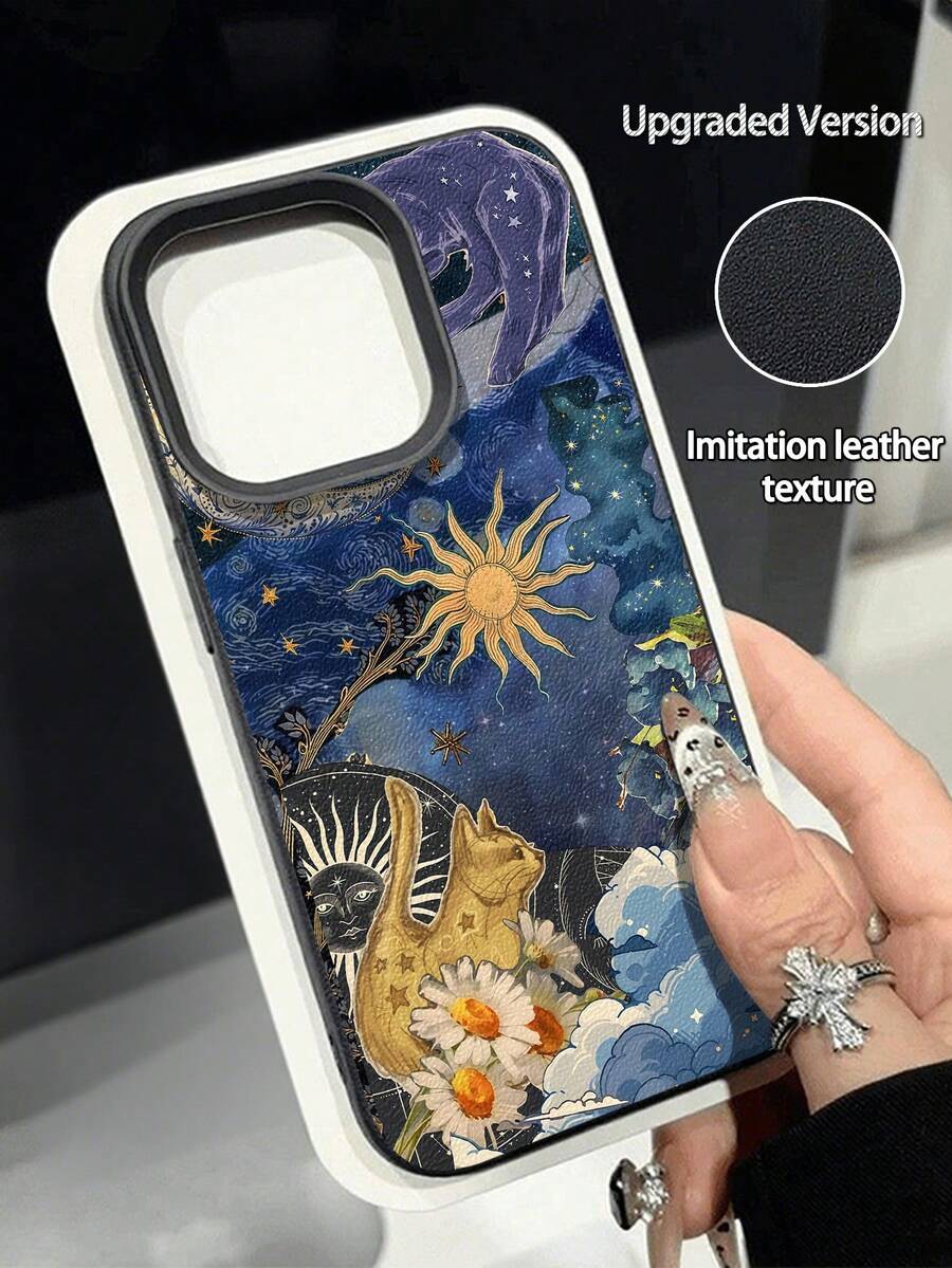 Cat 1件装黑色复古太阳图案防水防摔防滑软手机壳保护套兼容苹果及其他手机