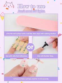 24 piezas Juego de arte de uñas para niños, mini kit de uñas postizas cortas con flores estilo francés - Multicolor - Ver 6