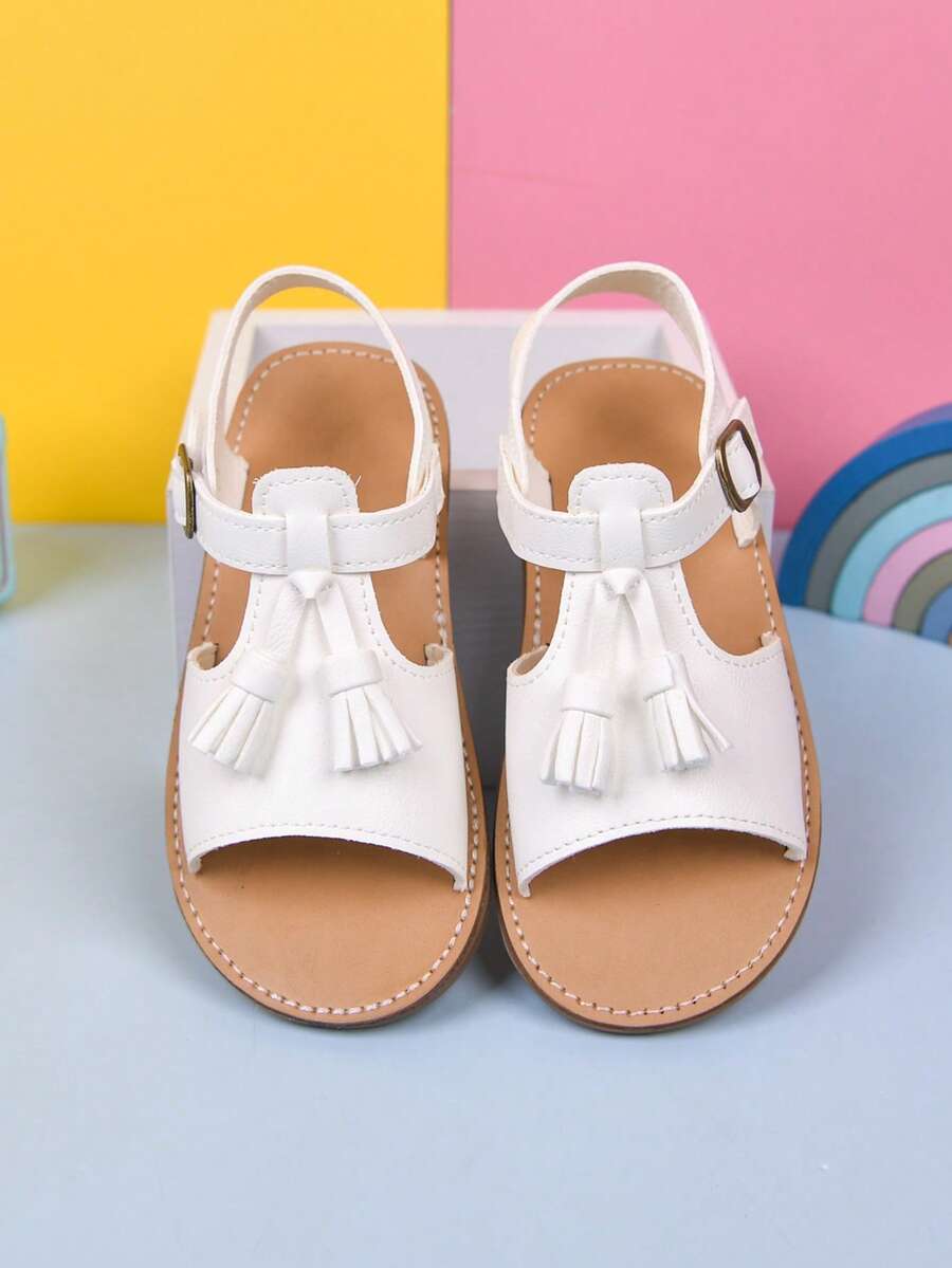 Girls White Tassel Sandals Adjustable Buckle Flat Casual Shoes Summer Beach Sandals 2025 - Beige - View 1