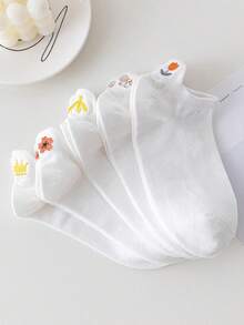 1/3/5 Pairs Spring/Summer Thin Breathable White Socks With Embroidered Crown & Sakura Flower Heel Tab, Fashionable Ankle Socks For Women - Multicolor - View 3